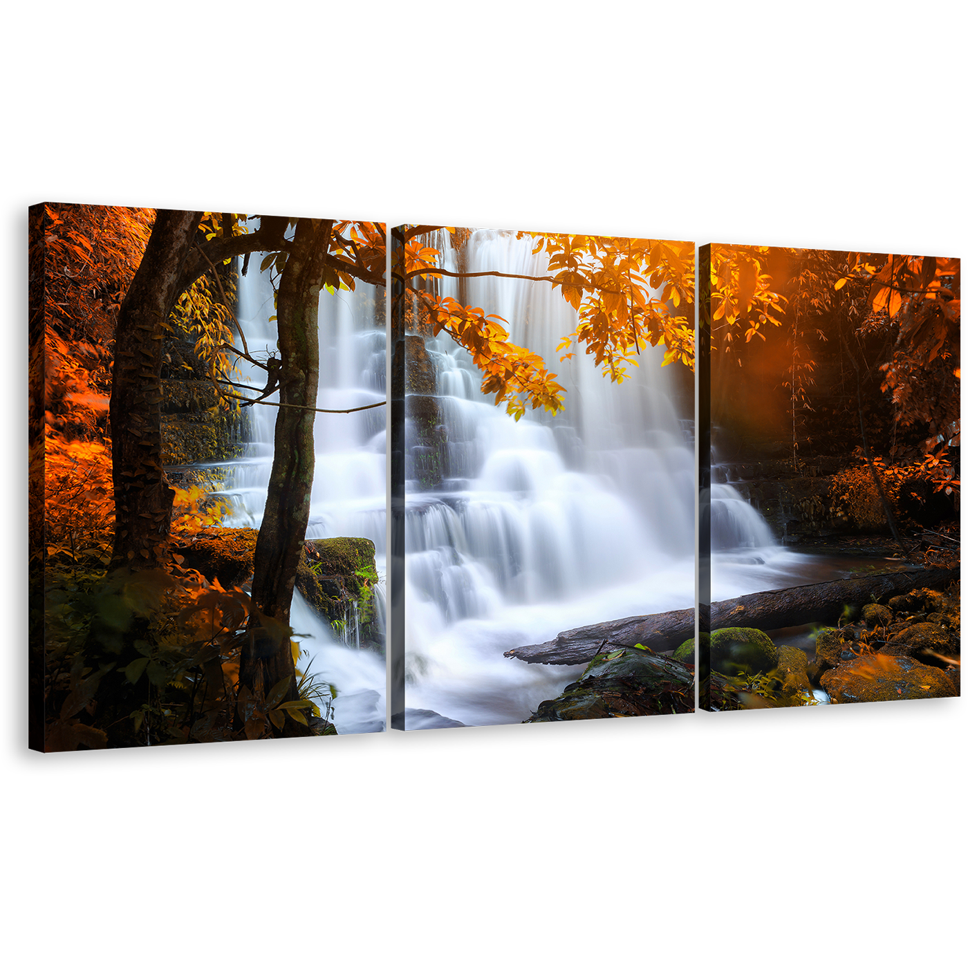 Mun Daeng Canvas Print, White Thailand Waterfall 3 Piece Multi Panel Canvas, Orange Yellow Forest Trees Triptych Canvas Set, Hin Rong Kla National Park Canvas Wall Art