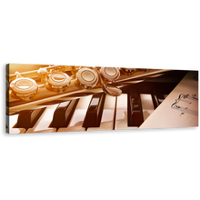 Load image into Gallery viewer, Music Composition Canvas Wall Art, White Music Sheet Wide Canvas, Piano and Golden Flute 1 Piece Canvas Print
