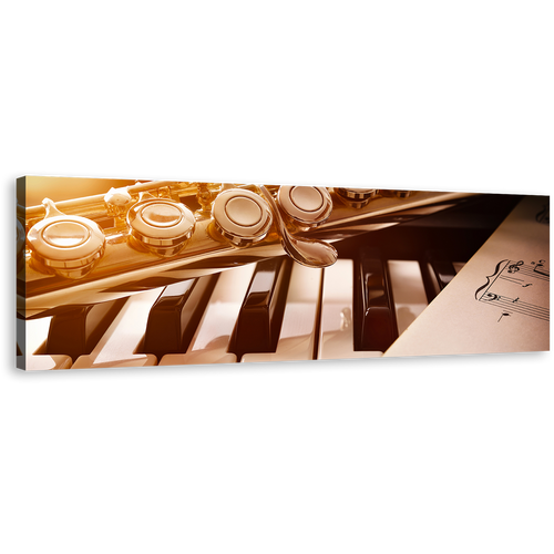 Music Composition Canvas Wall Art, White Music Sheet Wide Canvas, Piano and Golden Flute 1 Piece Canvas Print