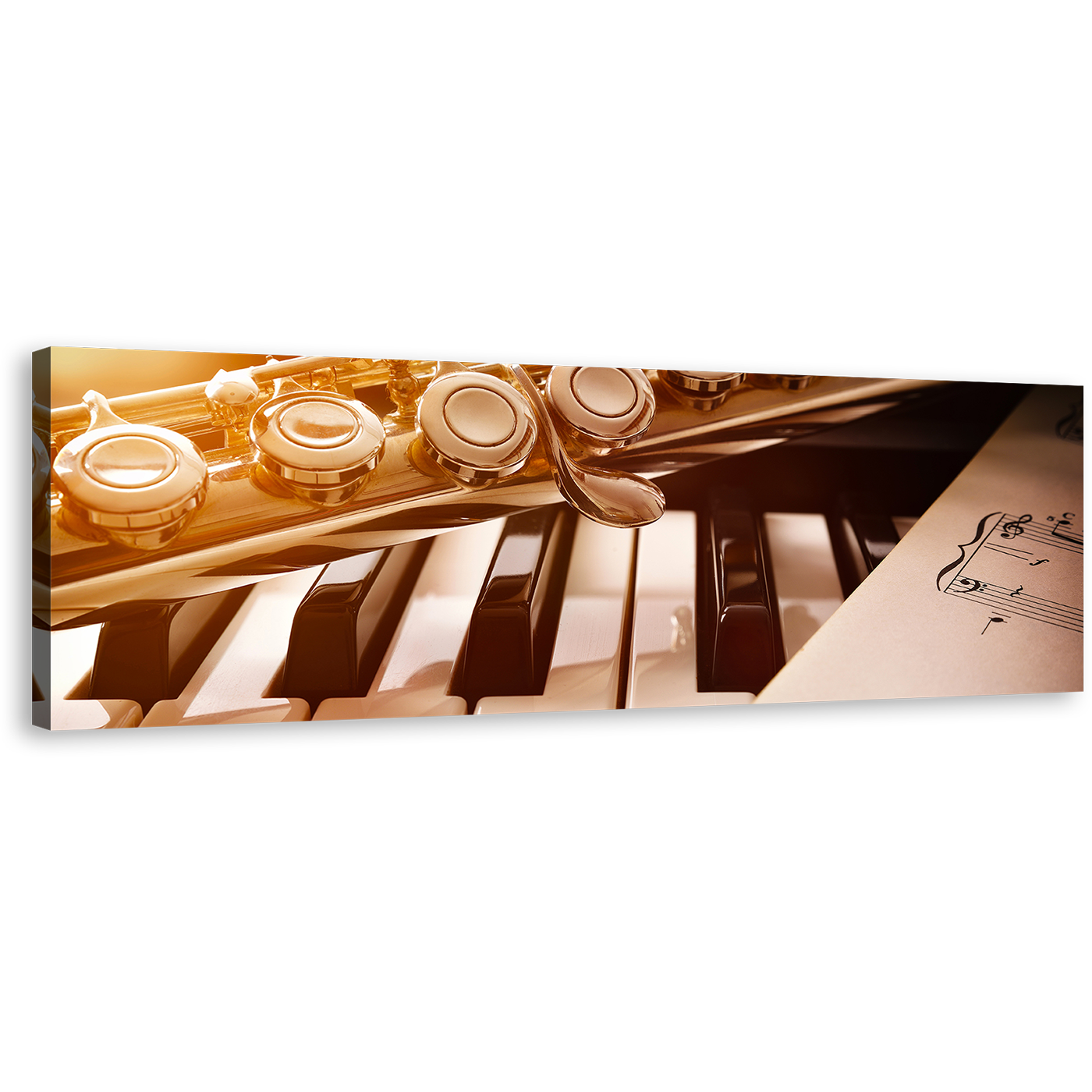 Music Composition Canvas Wall Art, White Music Sheet Wide Canvas, Piano and Golden Flute 1 Piece Canvas Print