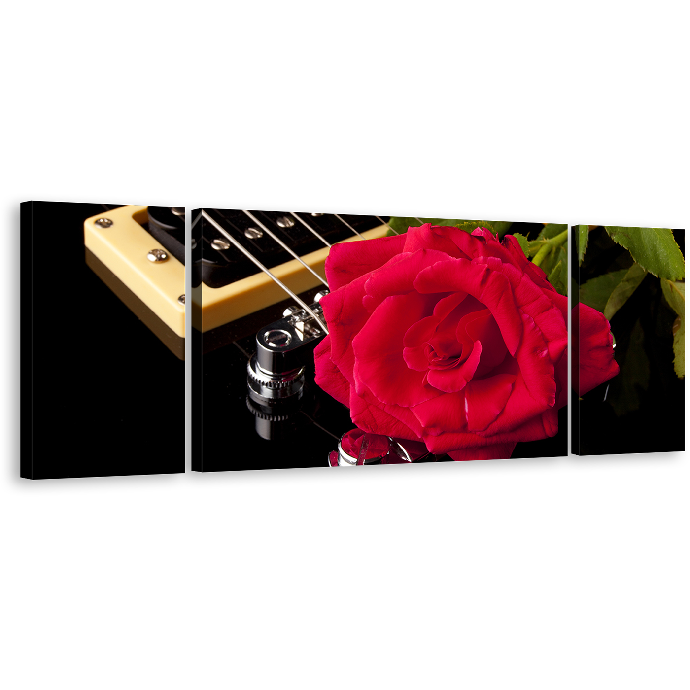 Music Flowers Canvas Wall Art, Beautiful Red Rose 3 Piece Canvas Print, Black Music Instruments and Flowers Multiple Canvas