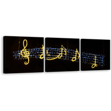 Load image into Gallery viewer, Music Lights Canvas Wall Art, Black Background Isolated Music 3 Piece Canvas Set, Golden Music Notes Triptych Canvas Print
