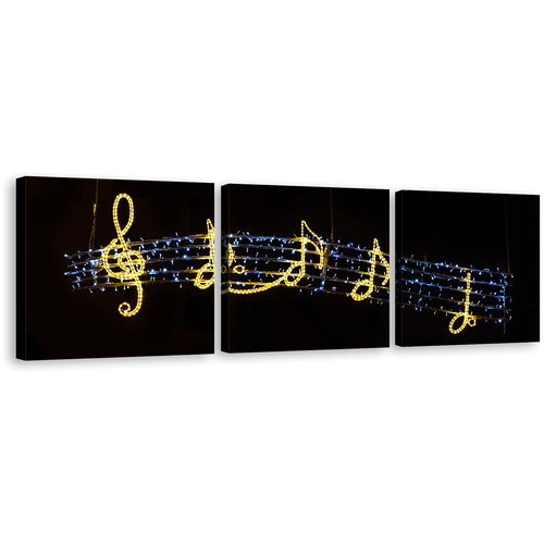 Music Lights Canvas Wall Art, Black Background Isolated Music 3 Piece Canvas Set, Golden Music Notes Triptych Canvas Print