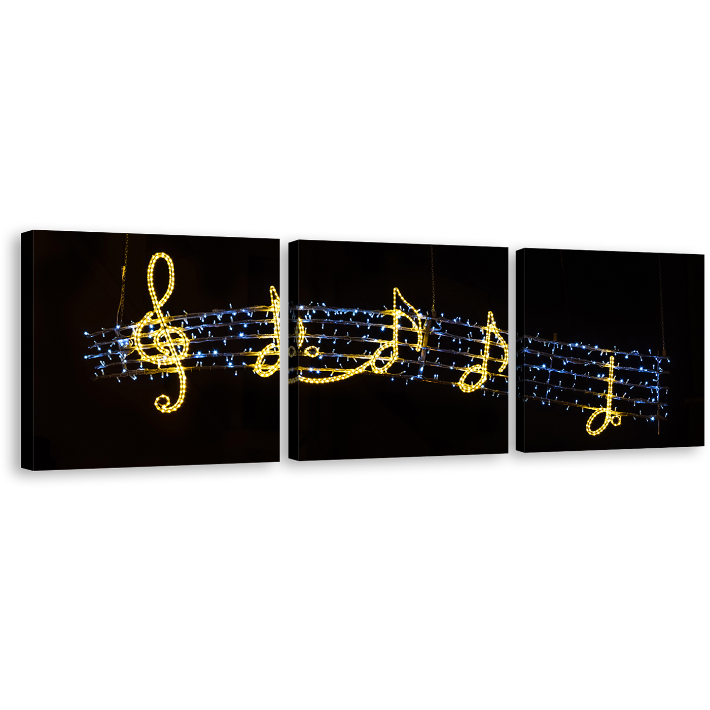 Music Lights Canvas Wall Art, Black Background Isolated Music 3 Piece Canvas Set, Golden Music Notes Triptych Canvas Print