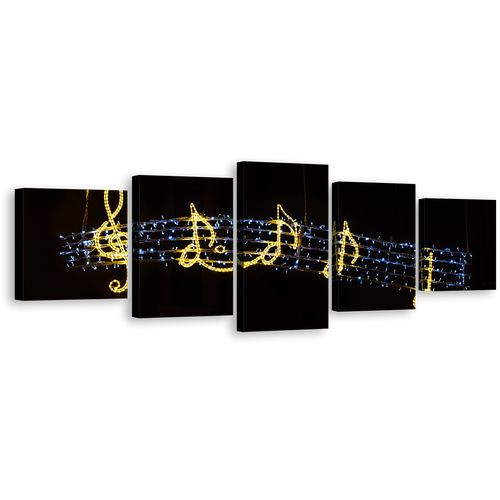 Music Notes Canvas Wall Art, Golden Music Lights 5 Piece Canvas Print, Black Modern Music Symbols Multi Canvas