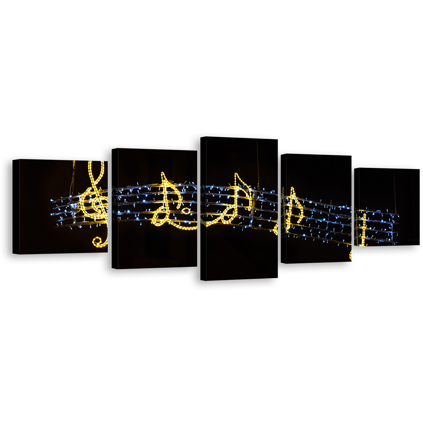 Music Notes Canvas Wall Art, Golden Music Lights 5 Piece Canvas Print, Black Modern Music Symbols Multi Canvas