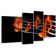 Load image into Gallery viewer, Music Notes Canvas Wall Art, Modern Music Notes on Fire 4 Piece Print, Black Abstract Curved Music Multi Canvas Artwork
