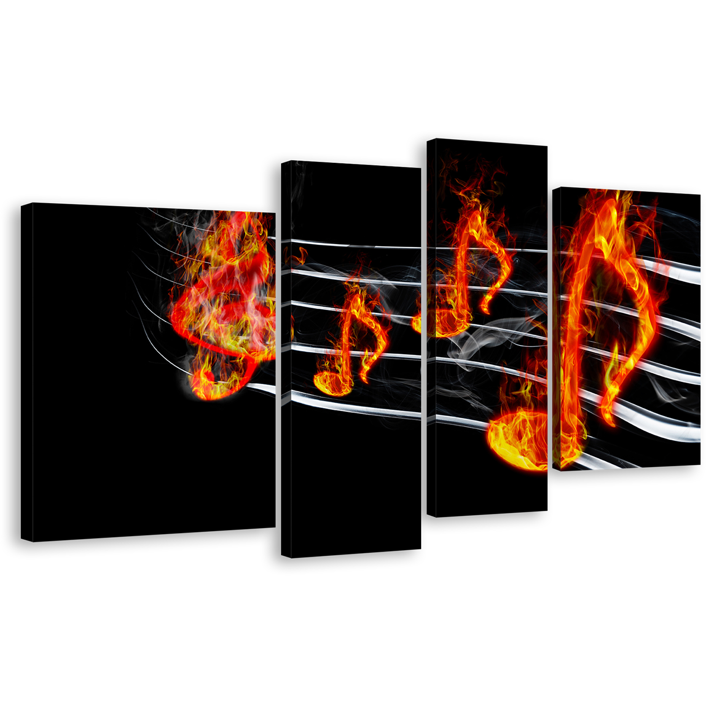 Music Notes Canvas Wall Art, Modern Music Notes on Fire 4 Piece Print, Black Abstract Curved Music Multi Canvas Artwork