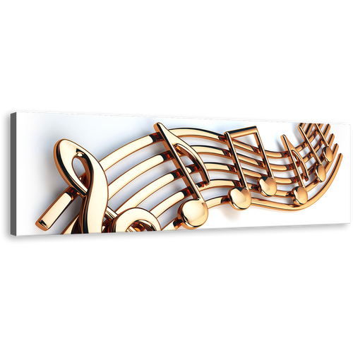 Music Notes Canvas Wall Art, White Background 3D Music Note Panoramic Canvas Artwork, Gold Isolated Musical Note String Canvas Print