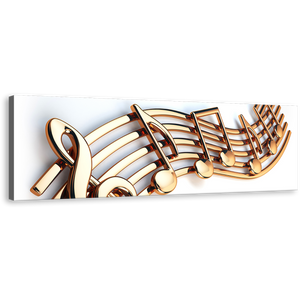 Music Notes Canvas Wall Art, White Background 3D Music Note Panoramic Canvas Artwork, Gold Isolated Musical Note String Canvas Print