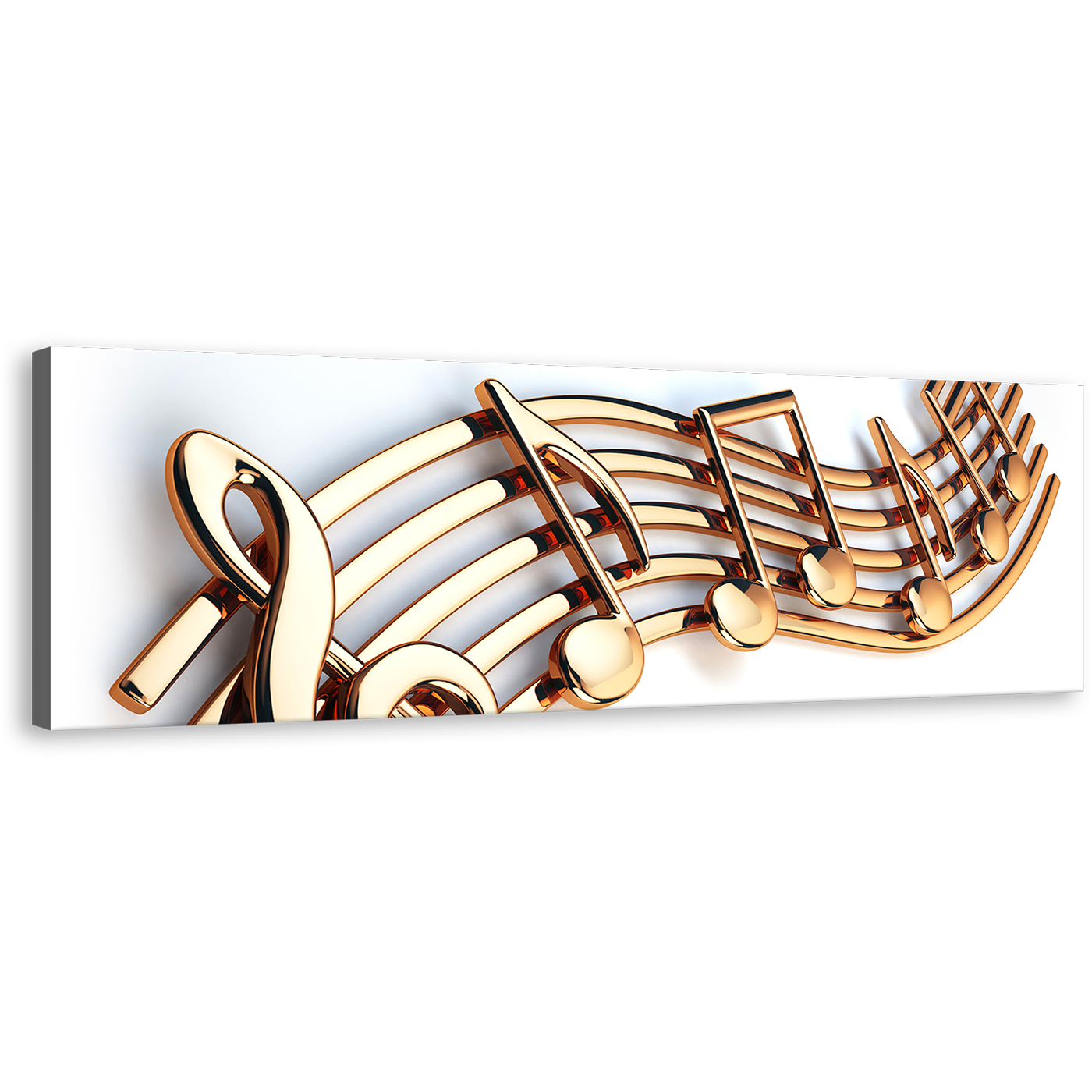 Music Notes Canvas Wall Art, White Background 3D Music Note Panoramic Canvas Artwork, Gold Isolated Musical Note String Canvas Print