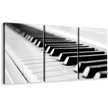 Load image into Gallery viewer, Music Piano Canvas Wall Art, Music Instrument Canvas 3 Piece Canvas Print, Black White Piano Key Close Up Triptych Canvas Set
