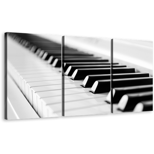 Music Piano Canvas Wall Art, Music Instrument Canvas 3 Piece Canvas Print, Black White Piano Key Close Up Triptych Canvas Set