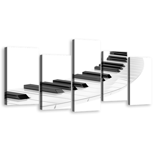 Music Piano Canvas Wall Art, Piano Digital Art Print, White Black Piano Keyboard Spiral 5 Piece Canvas Set