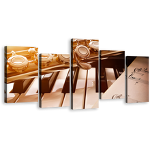 Load image into Gallery viewer, Music Sheet Canvas Wall Art, Black White Piano 5 Piece Multiple Canvas, Golden Flute Music Composition Canvas Print
