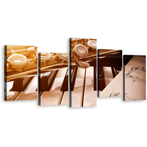 Music Sheet Canvas Wall Art, Black White Piano 5 Piece Multiple Canvas, Golden Flute Music Composition Canvas Print