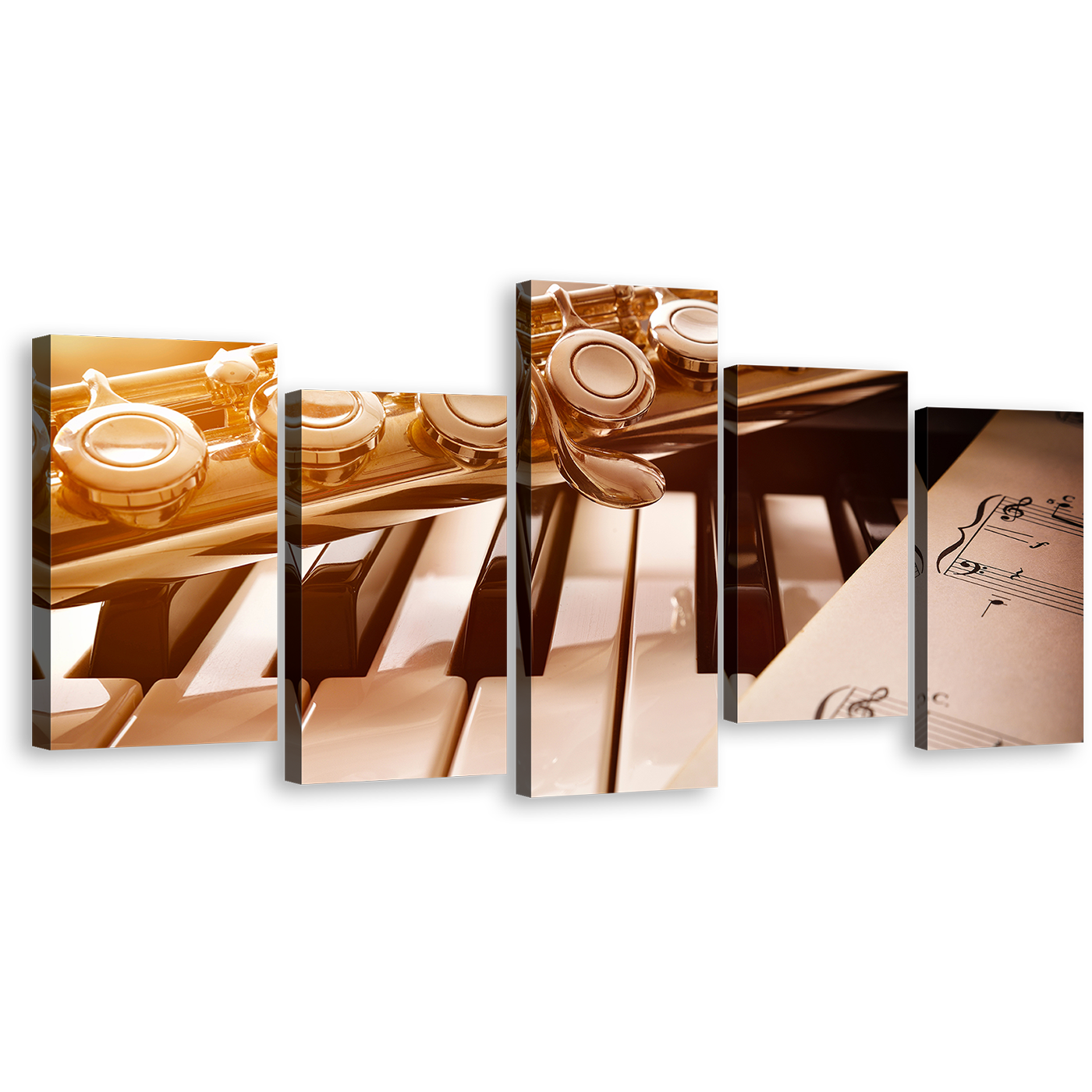 Music Sheet Canvas Wall Art, Black White Piano 5 Piece Multiple Canvas, Golden Flute Music Composition Canvas Print