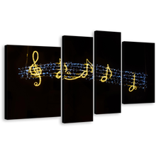 Load image into Gallery viewer, Music Symbols Canvas Wall Art, Black Modern Music Symbols Canvas Print, Golden Music Notes Lights 4 Piece Multiple Canvas
