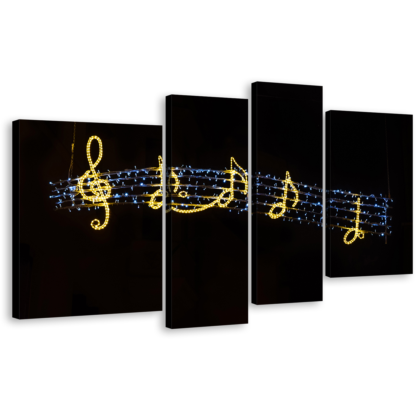 Music Symbols Canvas Wall Art, Black Modern Music Symbols Canvas Print, Golden Music Notes Lights 4 Piece Multiple Canvas