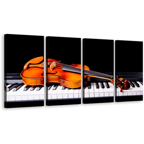 Musical Instruments Canvas Wall Art, Orange Violin 4 Piece Canvas Print, Black Piano Multi Canvas