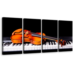 Musical Instruments Canvas Wall Art, Orange Violin 4 Piece Canvas Print, Black Piano Multi Canvas