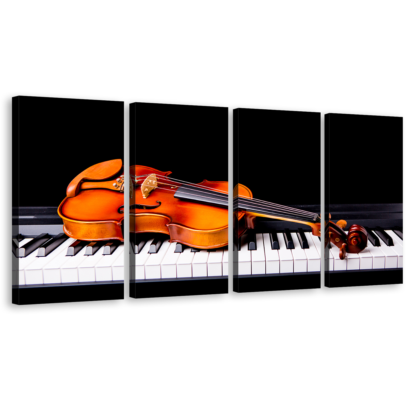 Musical Instruments Canvas Wall Art, Orange Violin 4 Piece Canvas Print, Black Piano Multi Canvas