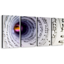 Load image into Gallery viewer, Musical Notes Canvas Wall Art, White Music Notes Tunnel 4 Piece Canvas Print, Abstract Black Music Note Swirl Canvas Set
