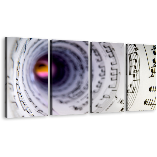 Musical Notes Canvas Wall Art, White Music Notes Tunnel 4 Piece Canvas Print, Abstract Black Music Note Swirl Canvas Set