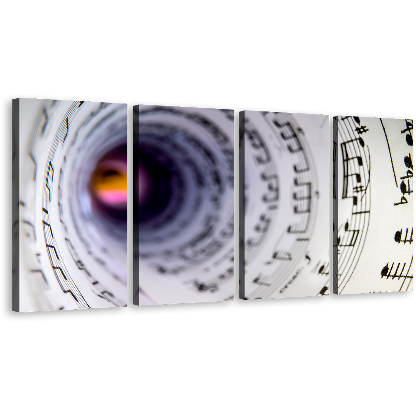 Musical Notes Canvas Wall Art, White Music Notes Tunnel 4 Piece Canvas Print, Abstract Black Music Note Swirl Canvas Set