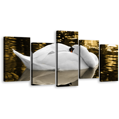 Mute Swan Canvas Wall Art, Sleeping White Swan Reflection 5 Piece Canvas Set, Yellow Lake Resting Bird Canvas Print