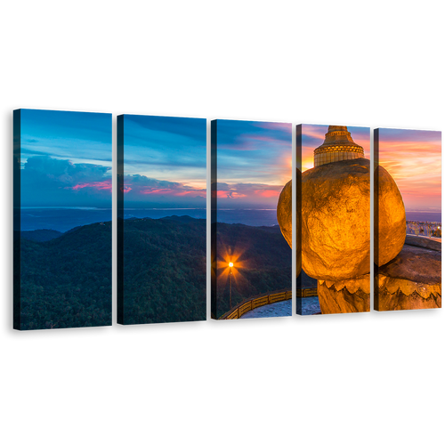 Myanmar Buddhism Canvas Print, Treasure of Buddhism Blue Sky 5 Piece Canvas Wall Art, Orange Kyaiktiyo Pagoda Canvas Set