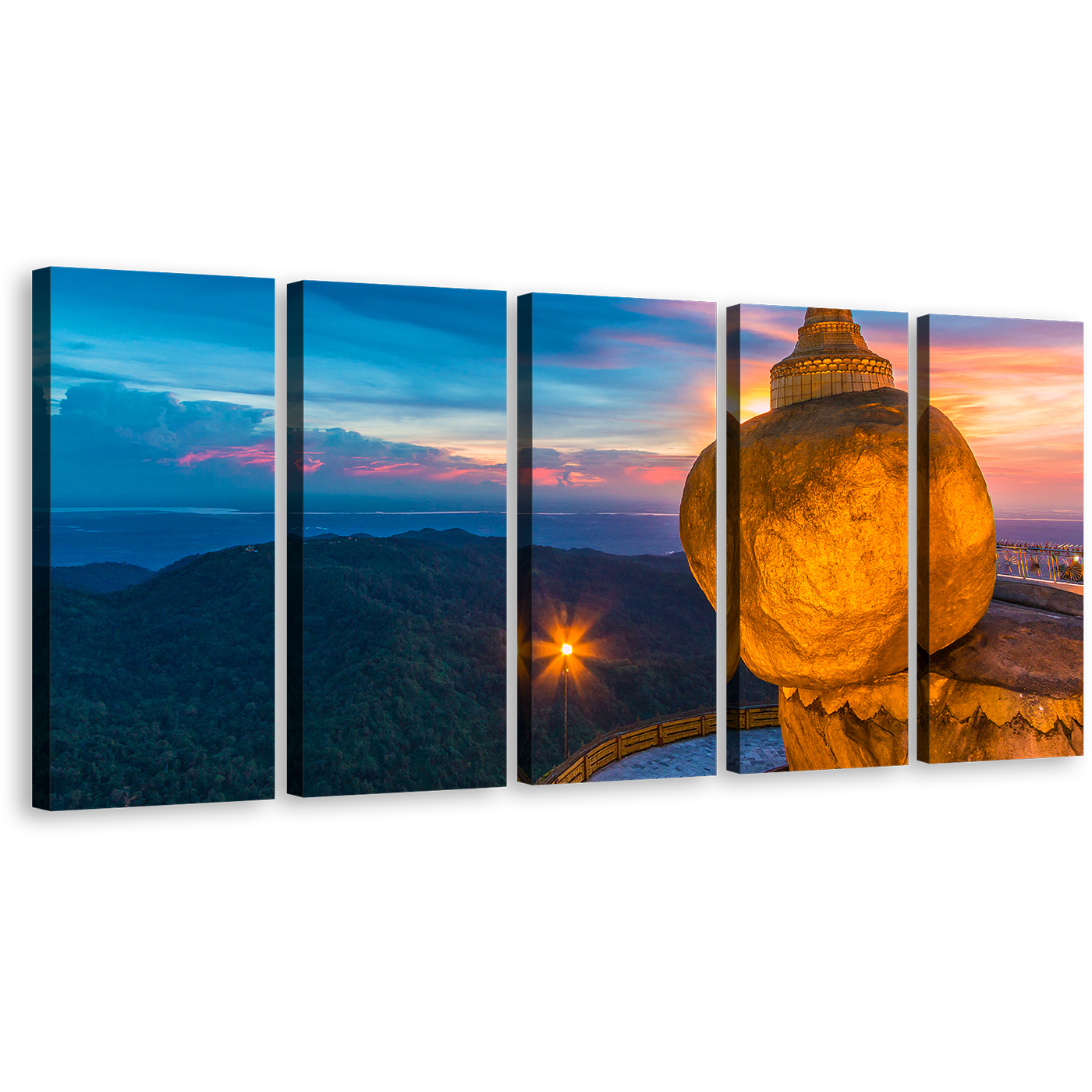 Myanmar Buddhism Canvas Print, Treasure of Buddhism Blue Sky 5 Piece Canvas Wall Art, Orange Kyaiktiyo Pagoda Canvas Set