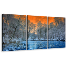 Load image into Gallery viewer, Mystic Forest Canvas Print, Beautiful White Trees Scenery 3 Piece Wall Art, Blue Water and Orange Sunset Sky Multi Canvas
