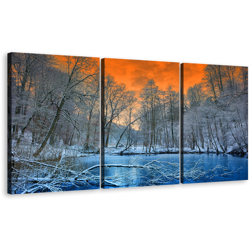 Mystic Forest Canvas Print, Beautiful White Trees Scenery 3 Piece Wall Art, Blue Water and Orange Sunset Sky Multi Canvas