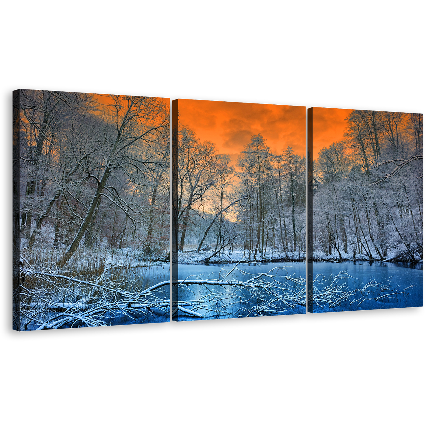 Mystic Forest Canvas Print, Beautiful White Trees Scenery 3 Piece Wall Art, Blue Water and Orange Sunset Sky Multi Canvas