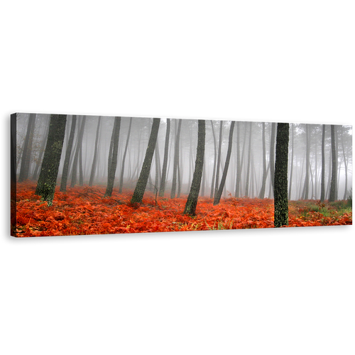 Mystic Forest Wall Art, Contemporary Charcoal Sunlight Canvas Art, Red Grass Grey Rain Panoramic Canvas Print