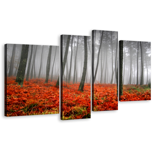 Mystic Scenery Canvas Print, Contemporary Charcoal Sunlight Forest 4 Piece Multi Canvas, Red Grass Gray Rain Canvas Wall Art