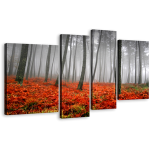 Mystic Scenery Canvas Print, Contemporary Charcoal Sunlight Forest 4 Piece Multi Canvas, Red Grass Gray Rain Canvas Wall Art