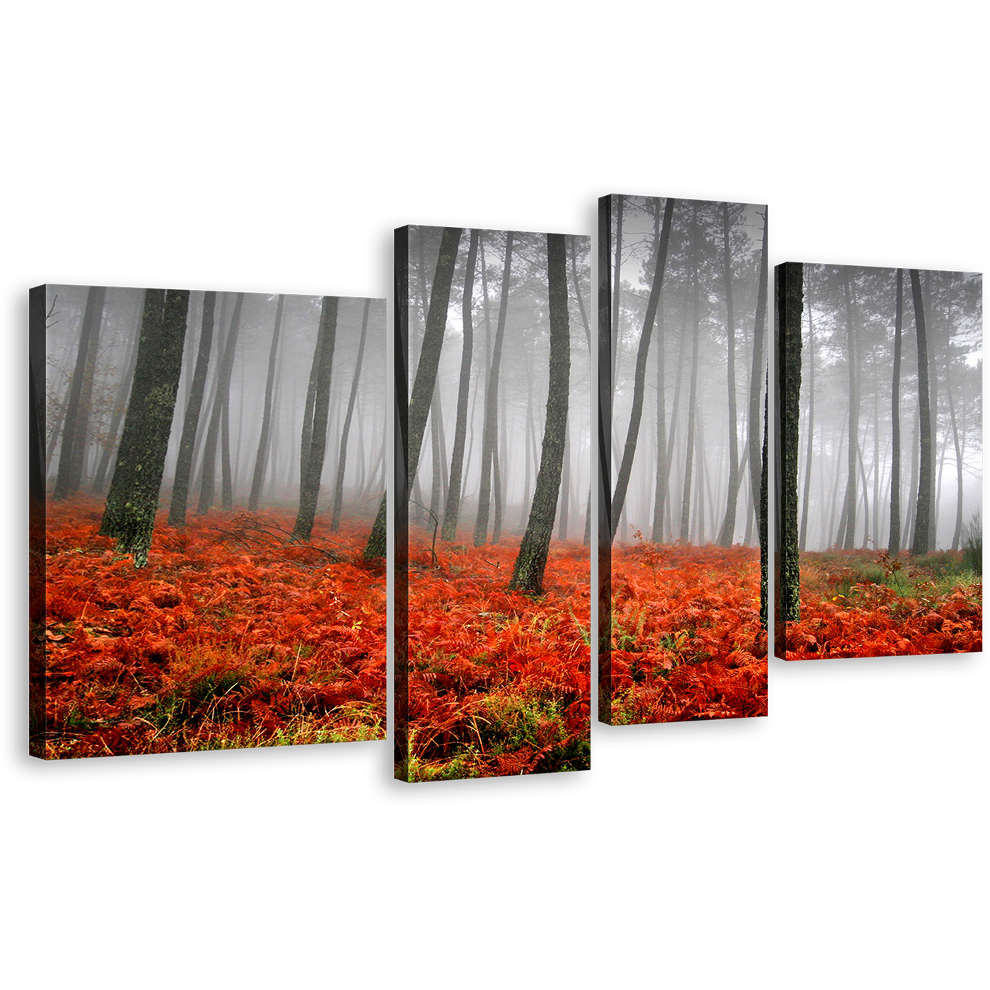 Mystic Scenery Canvas Print, Contemporary Charcoal Sunlight Forest 4 Piece Multi Canvas, Red Grass Gray Rain Canvas Wall Art