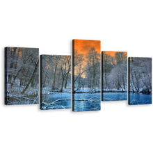 Load image into Gallery viewer, Mystical Moonlight Canvas Print, White Forest Trees 5 Piece Canvas Set, Blue Water and Orange Sunset Sky Wall Art
