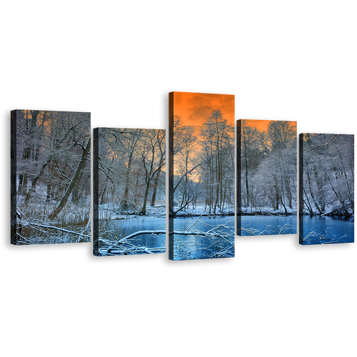 Mystical Moonlight Canvas Print, White Forest Trees 5 Piece Canvas Set, Blue Water and Orange Sunset Sky Wall Art