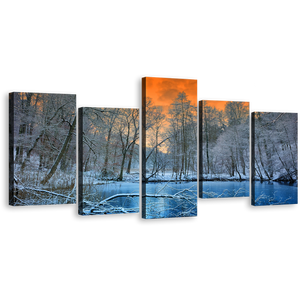 Mystical Moonlight Canvas Print, White Forest Trees 5 Piece Canvas Set, Blue Water and Orange Sunset Sky Wall Art