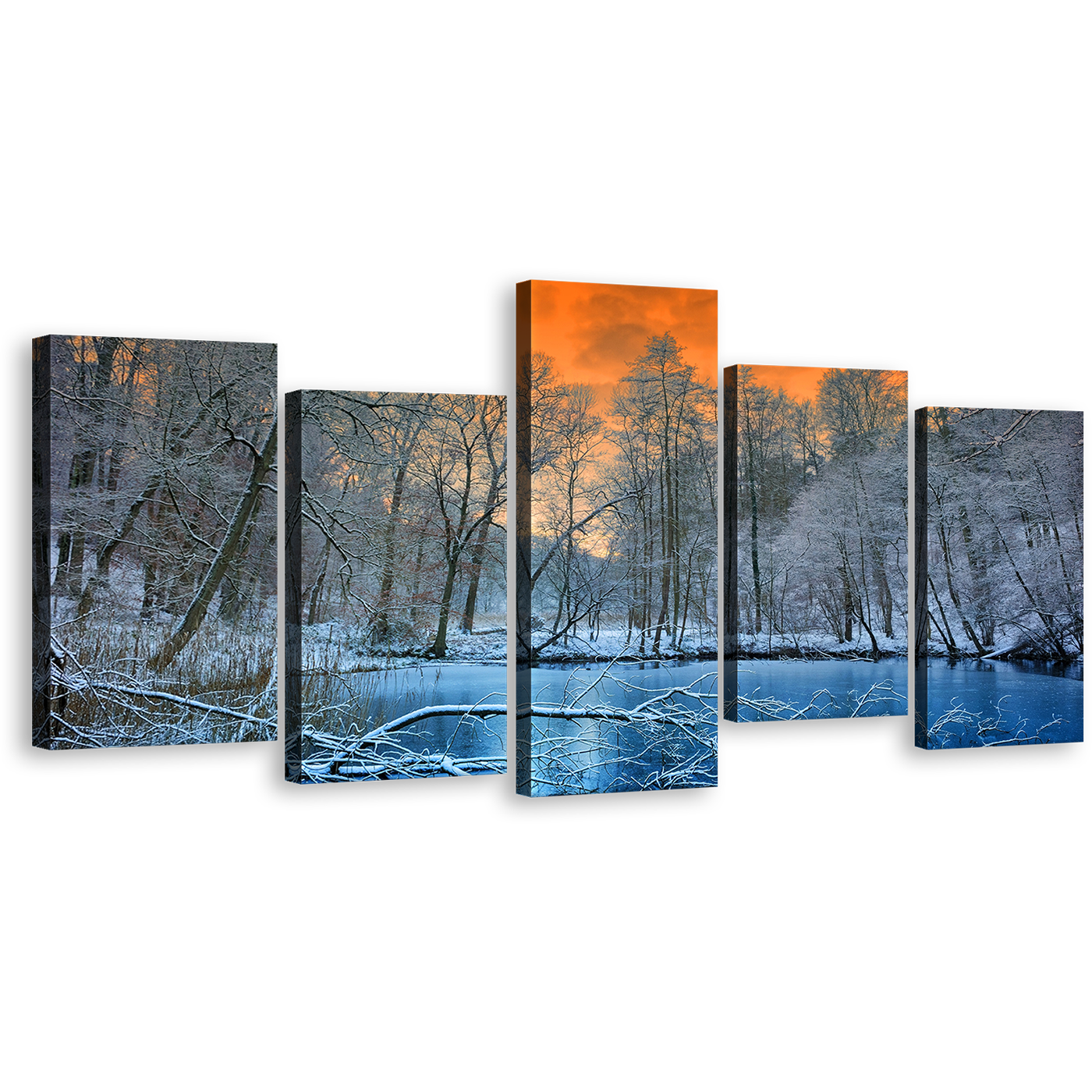 Mystical Moonlight Canvas Print, White Forest Trees 5 Piece Canvas Set, Blue Water and Orange Sunset Sky Wall Art