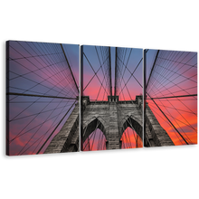 Load image into Gallery viewer, NYC Bridge Canvas Print, Brooklyn Bridge At Sunset 3 Piece Canvas Set, Beautiful Orange Grey Sky Wall Art
