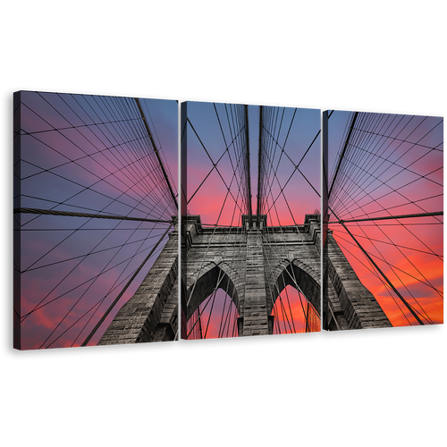 NYC Bridge Canvas Print, Brooklyn Bridge At Sunset 3 Piece Canvas Set, Beautiful Orange Grey Sky Wall Art