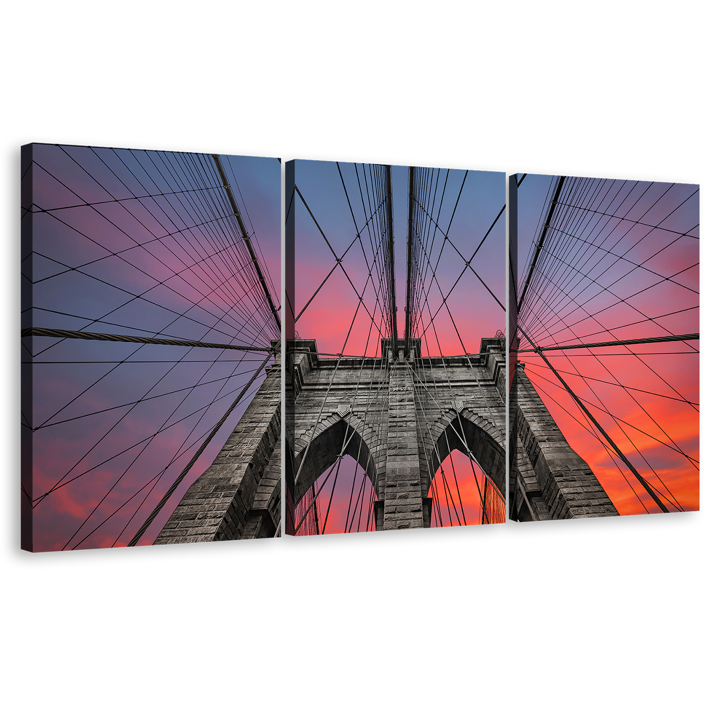 NYC Bridge Canvas Print, Brooklyn Bridge At Sunset 3 Piece Canvas Set, Beautiful Orange Grey Sky Wall Art