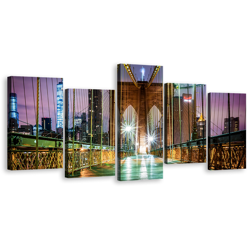 NYC Bridge Canvas Print, Green Brooklyn Bridge Canvas Set, New York Purple Sky 5 Piece Canvas Wall Art