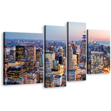 Load image into Gallery viewer, NYC Cityscape Canvas Wall Art, Blue New York City Skyline Canvas Print, Midtown Manhattan Yellow Sunset Sky 4 Piece Multi Canvas
