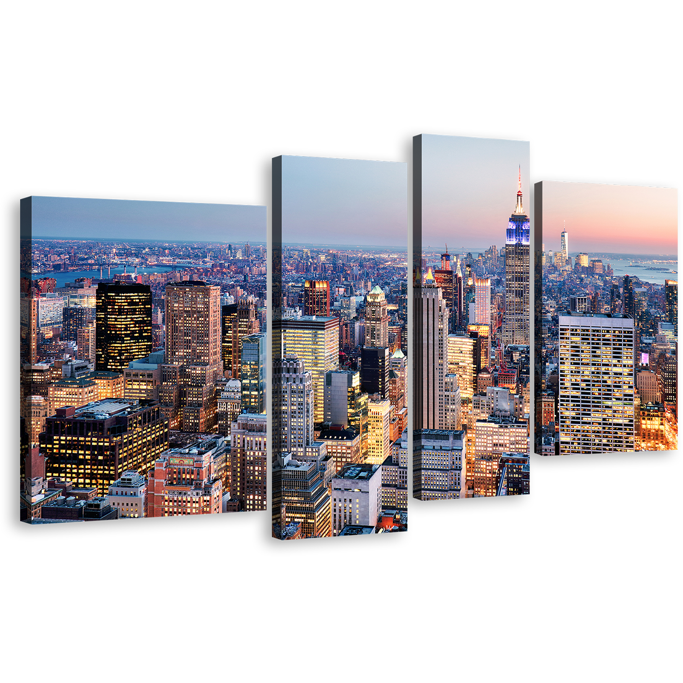 NYC Cityscape Canvas Wall Art, Blue New York City Skyline Canvas Print, Midtown Manhattan Yellow Sunset Sky 4 Piece Multi Canvas