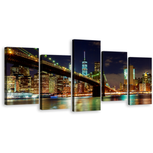 Load image into Gallery viewer, NYC Cityscape Canvas Wall Art, Blue Sky Manhattan Night View Canvas Print, Colorful New York Brooklyn Bridge 5 Piece Multi Canvas
